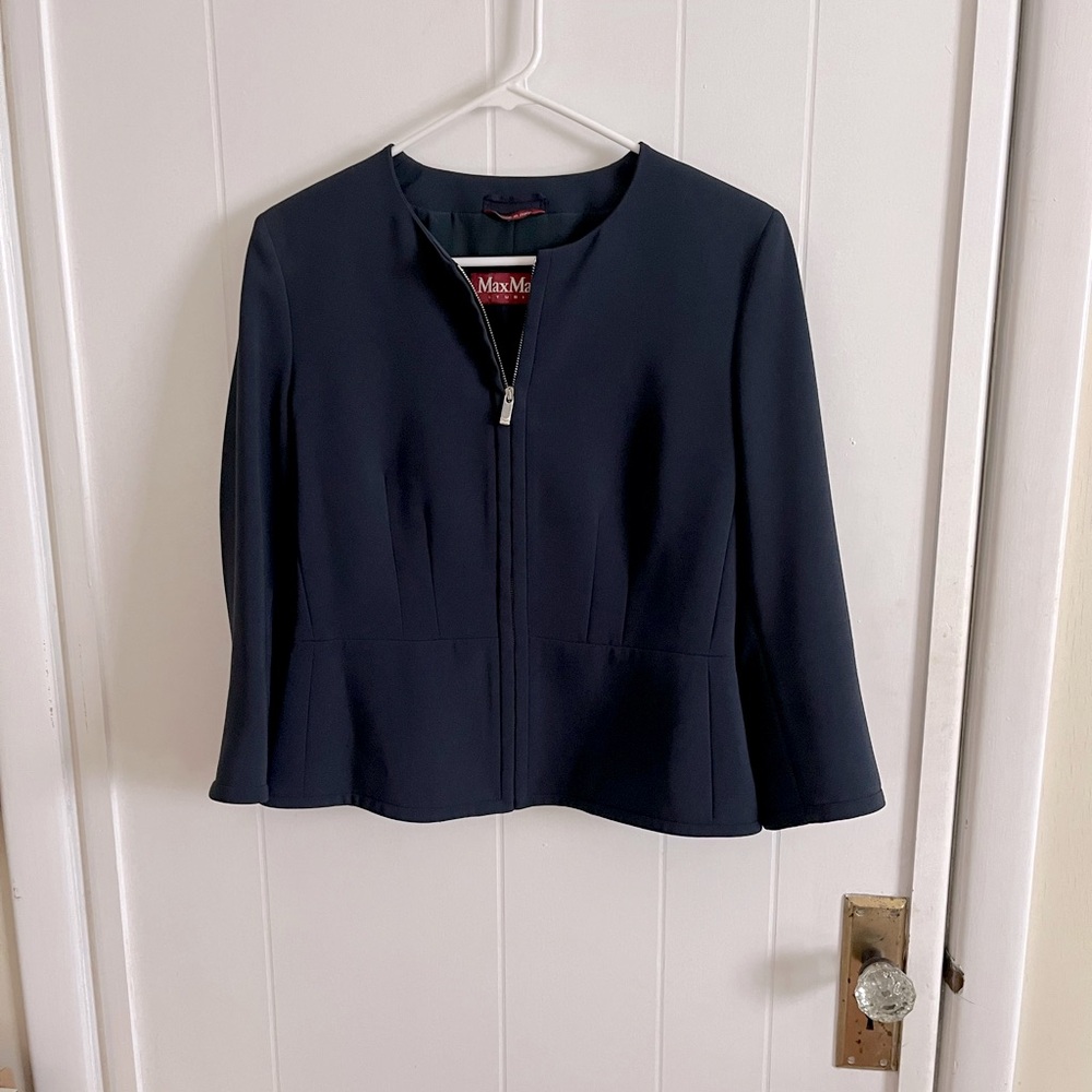 MaxMara Navy Zip-Front Peplum Jacket